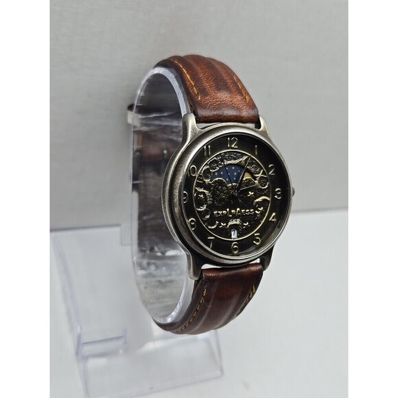 LA Express Moon And Stars Quartz Watch Day Night Date Brown Leather New Battery main image 8